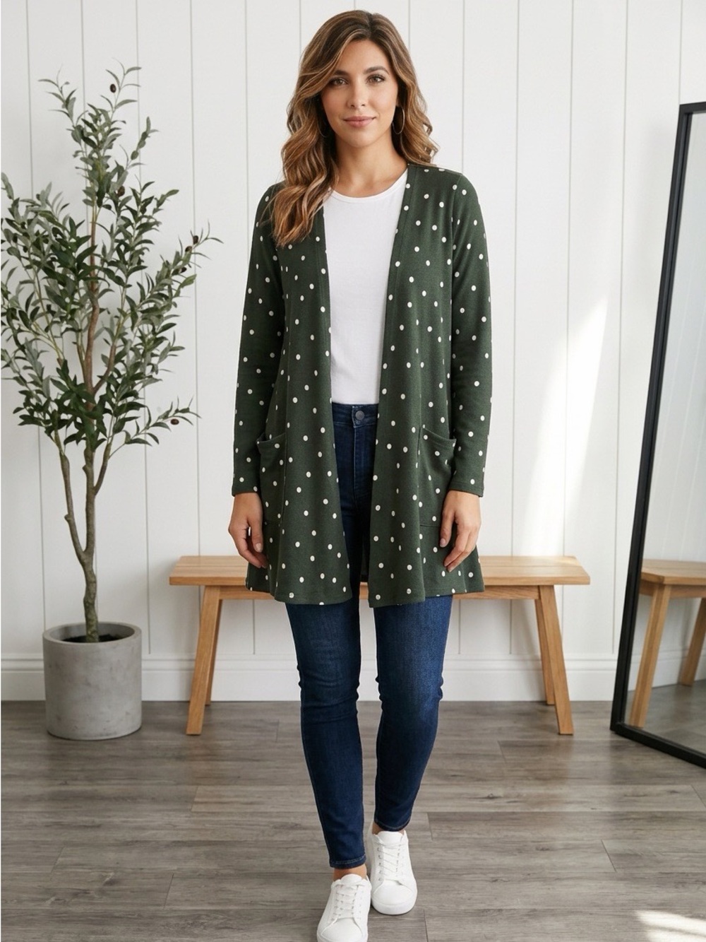 NWT LuLaRoe Olive Green Polka Dot Open Cardigan Small
